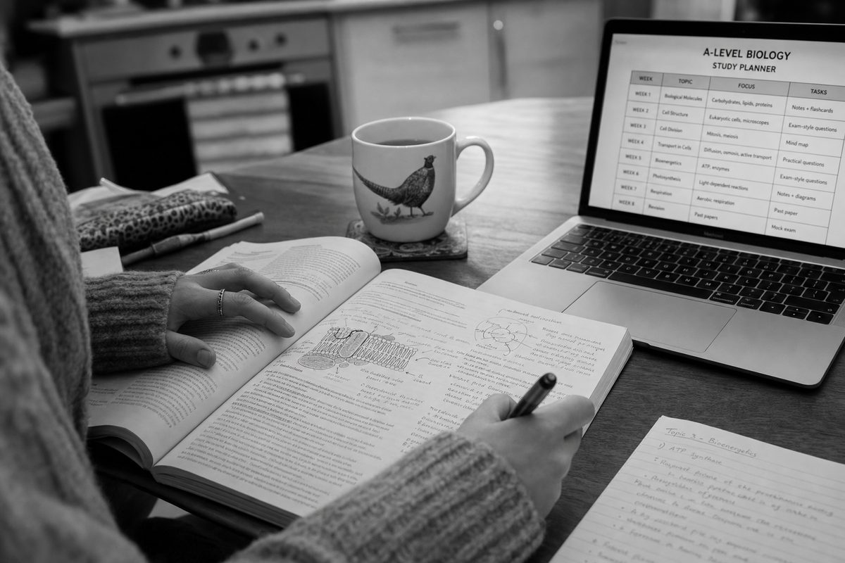 Adult learner revising A-level biology at home with notes and laptop