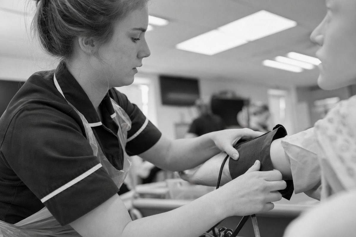 Student nurse checking a blood-pressure cuff in a clinical training setting