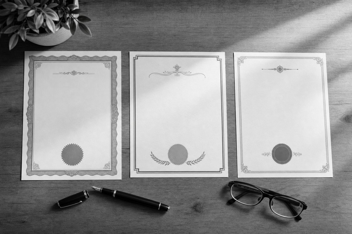 Three qualification certificates laid out side by side on a desk