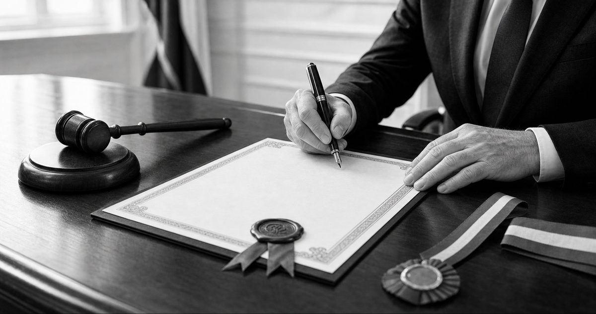 A pair of hands signing a formal certificate with a wax seal on a polished desk