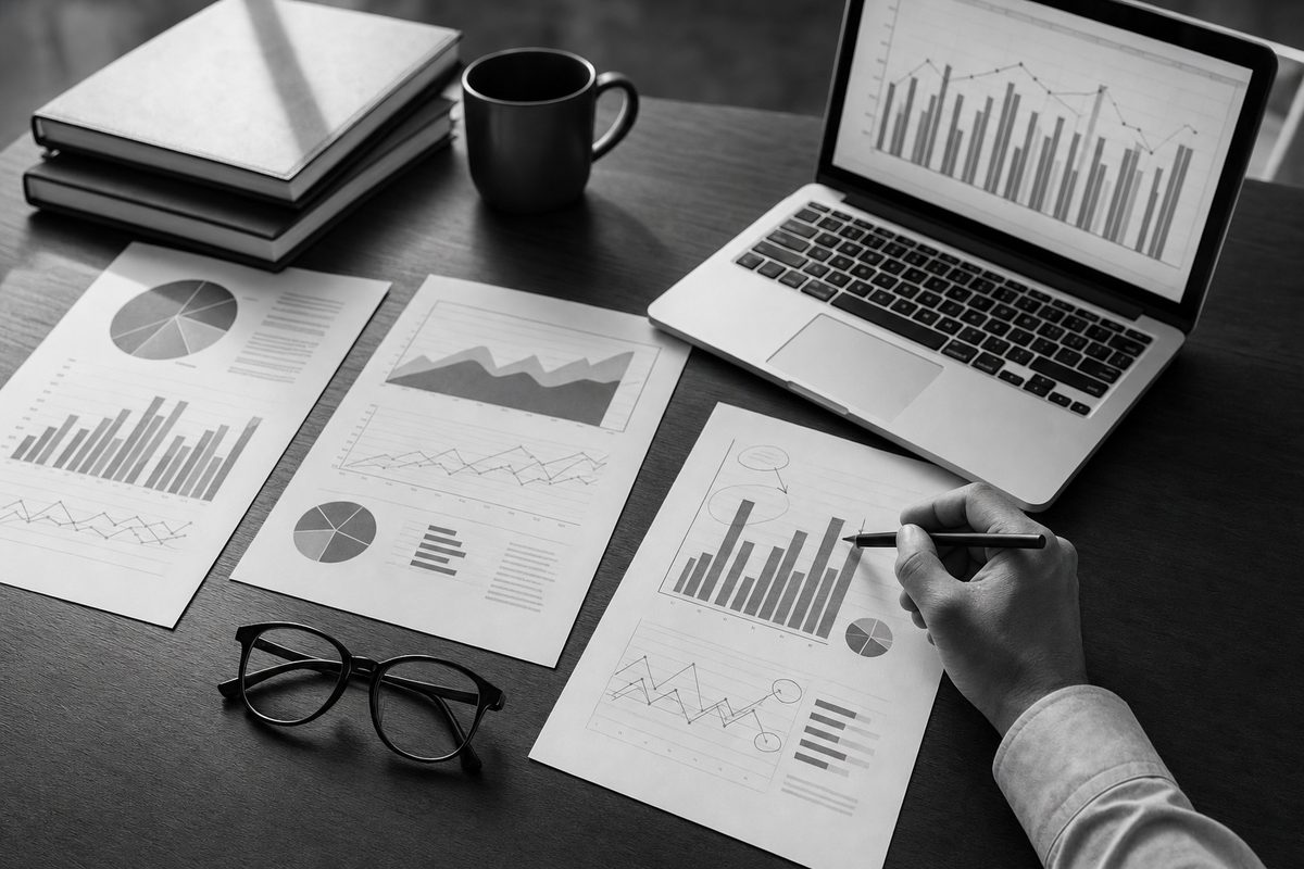 A pair of hands annotating a printed bar chart on a desk alongside reports and a laptop