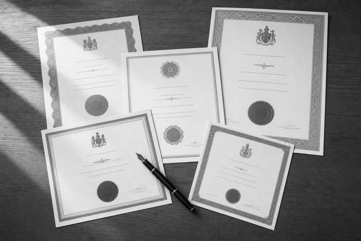 A fan of UK qualification certificates spread out across a wooden desk
