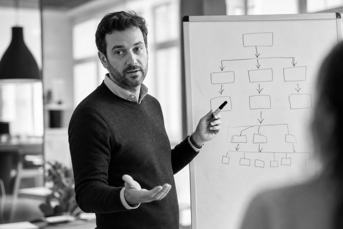 Adult professional explaining an organisational chart on a whiteboard