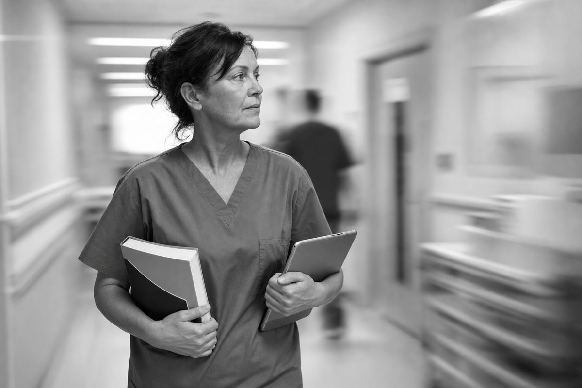 Mature healthcare assistant carrying an Access to HE textbook in a hospital corridor