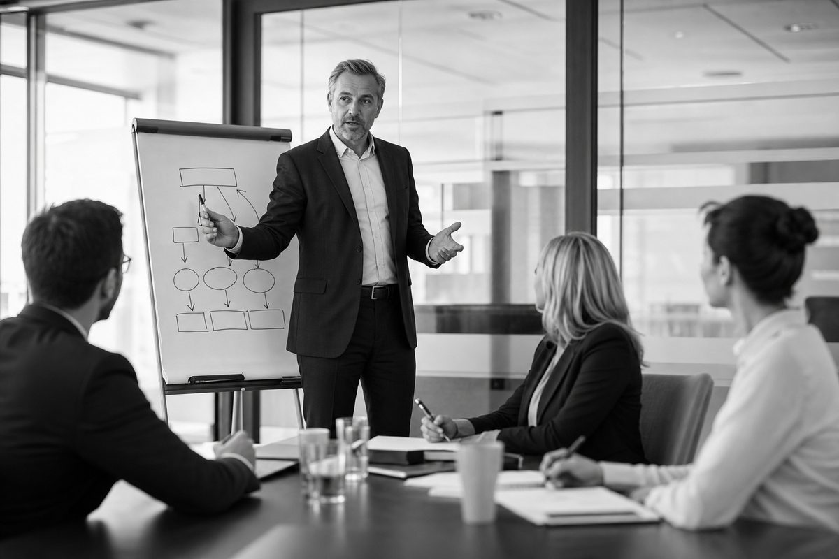 Senior manager presenting a business framework on a flip chart in a boardroom