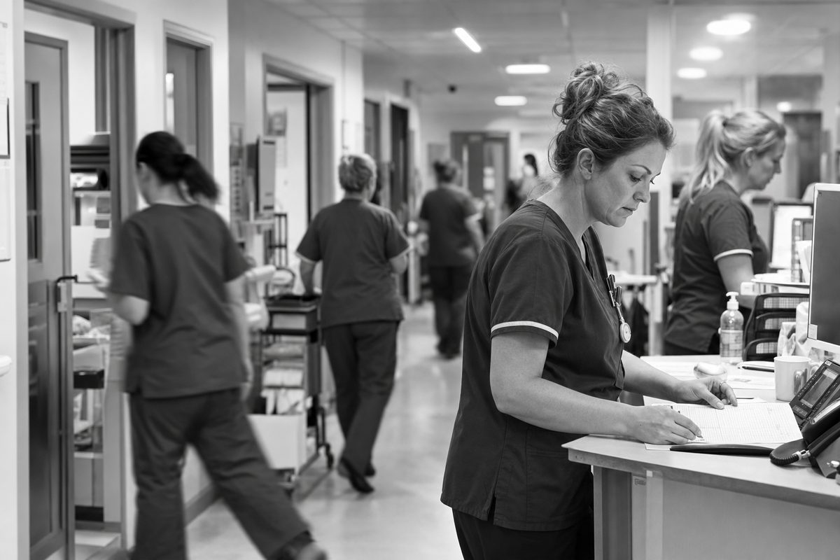 NHS hospital ward viewed from a corridor with nurses on the move