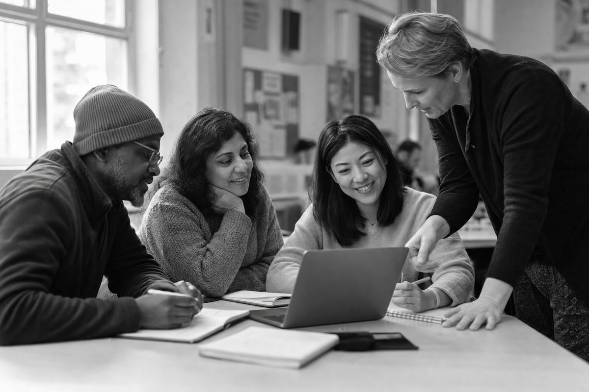 Tutor working with adult learners at a community education centre table