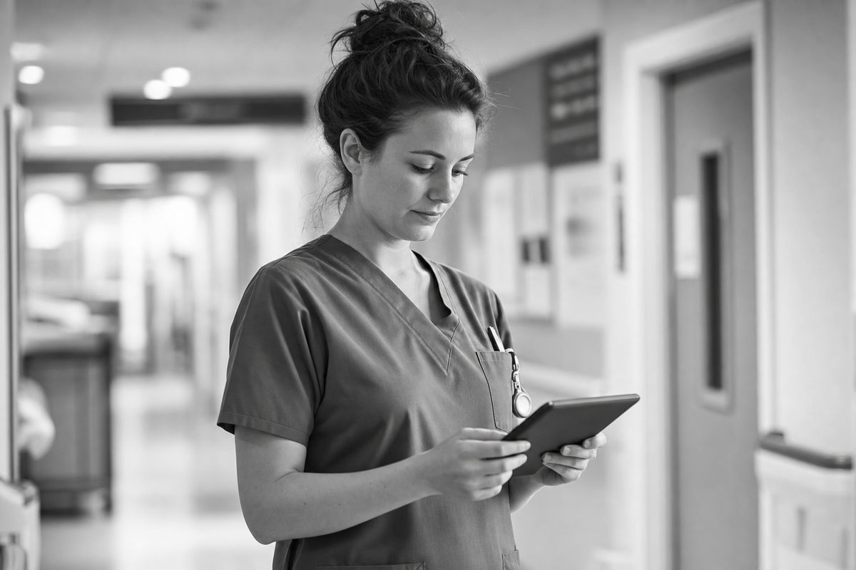 UK nurse in scrubs reviewing patient information on a tablet