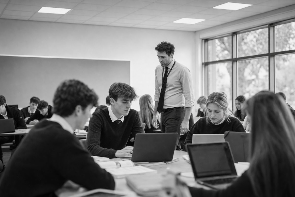 UK sixth-form classroom with students working on laptops while a teacher walks between desks