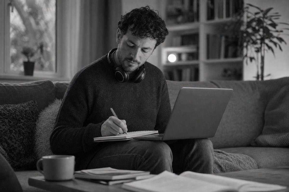 An adult learner studying from home with a laptop, headphones and study materials on a kitchen table
