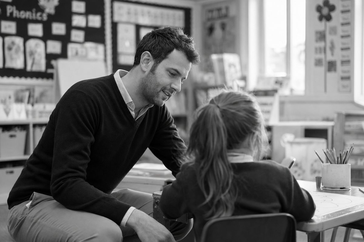 Teaching assistant helping a primary-school child at a classroom table