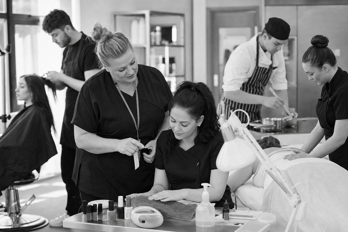 Vocational learner practising a hands-on workplace skill with a tutor