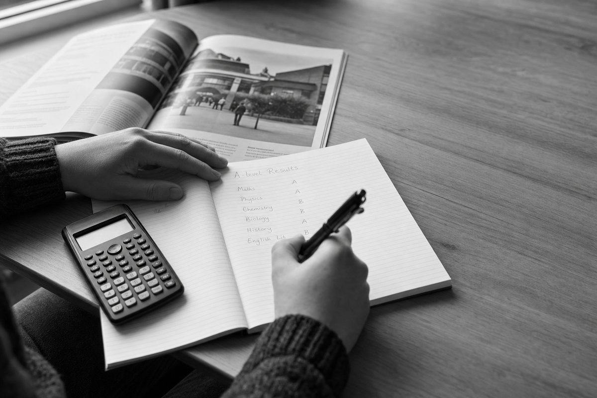 Adult learner totalling A-level results beside a scientific calculator